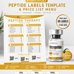 May include: A product label template and price list menu with the text "Peptide Therapy" and "Tirzepatide." The image includes a vial of Tirzepatide 10mg, a price list, and Canva editing instructions. The template is designed for peptide suppliers and research labs.