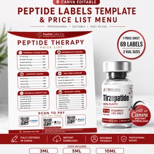May include: A product image featuring a price list and a vial of Tirzepatide. The price list details peptide therapy options, including hormonal, cognitive, and metabolic categories. The vial is labeled with 99% purity and 10 mg per vial. The image also includes a Canva editable template.