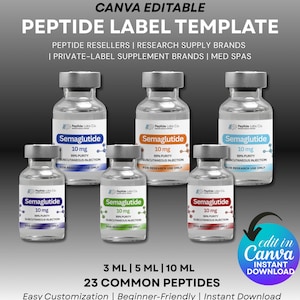 Può includere: Un modello per etichette di peptidi, con diversi flaconi di Semaglutide. Le etichette mostrano 10 mg, 99% di purezza e istruzioni per l'iniezione sottocutanea. Il design è modificabile in Canva, con opzioni per flaconi da 3 ml, 5 ml e 10 ml.