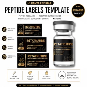 Puede incluir: Una plantilla digital para etiquetas de péptidos con un diseño en negro y dorado. Incluye un vial de vidrio transparente con tapa negra, tres variantes de etiquetas rectangulares con el texto RETATRUTIDE e iconos para 3ml, 5ml y 10ml.