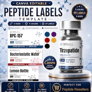 Pode incluir: Um modelo digital para rótulos de peptídeos, apresentando um frasco de Tirzepatide e exemplos de rótulos para BPC-157, Bacteriostatic Water e Lemon Bottle. Inclui opções para 3 tamanhos, 5 cores e 69 rótulos.