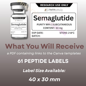 May include: A vial labeled "Semaglutide" with a black cap, next to a white label with the same text. The label also includes "Purity 99% | Subcutaneous" and "Content: 10 mg." Below, text reads "What You Will Receive" and "61 Peptide Labels."