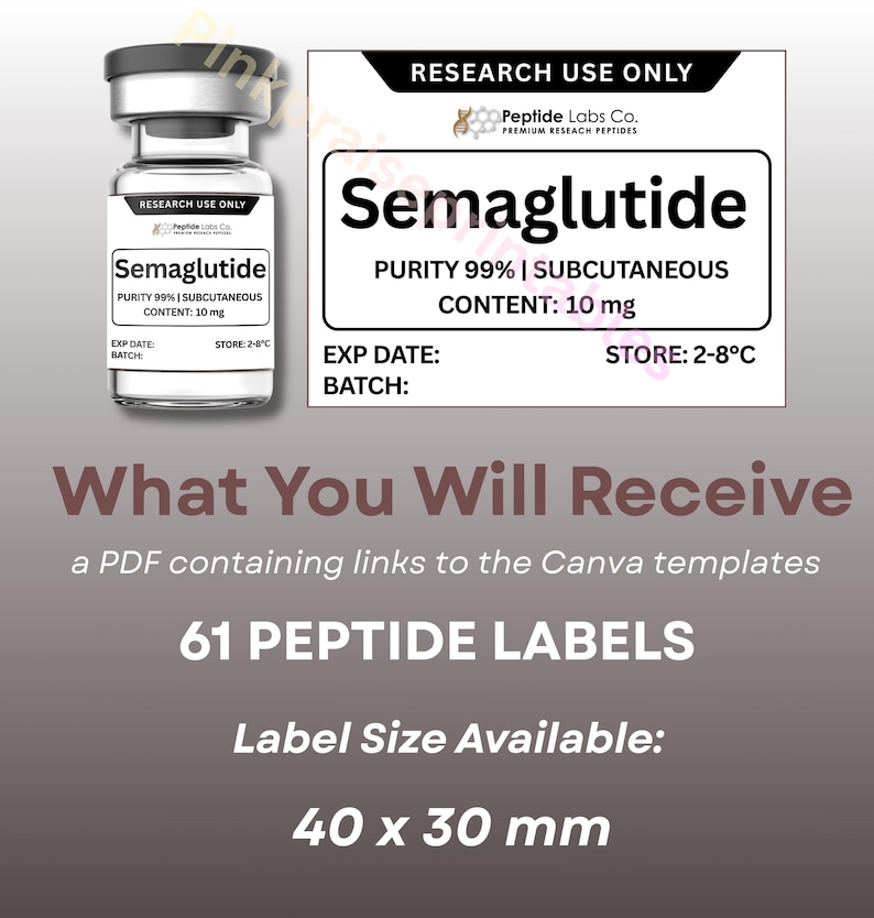 May include: A vial labeled "Semaglutide" with a black cap, next to a white label with the same text. The label also includes "Purity 99% | Subcutaneous" and "Content: 10 mg." Below, text reads "What You Will Receive" and "61 Peptide Labels."