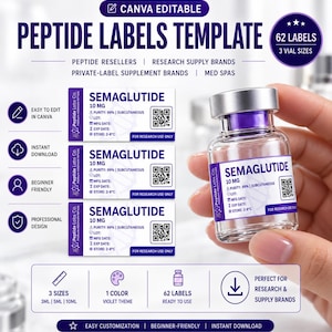 May include: A digital template for peptide labels featuring a clear glass vial with a purple cap and a white label printed with Semaglutide 10 mg, purity 99%, subcutaneous, lot, mfg date, exp date, store 2-8C, and a QR code for research use only.