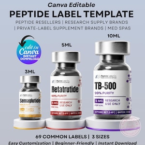 May include: A digital peptide label template set featuring three glass vials in 3ml, 5ml, and 10ml sizes. The labels display text including Peptide Labs Co., Semaglutide, Retatrutide, TB-500, 99% Purity, 5mg Research Use Only, and storage instructions.