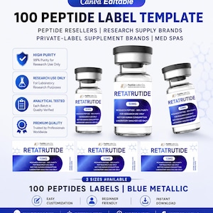Peut inclure: Un modèle numérique pour 100 étiquettes de peptides avec des accents métalliques bleus. Le design comprend trois flacons en verre étiquetés Retatrutide avec un dosage de 50mg et trois étiquettes rectangulaires de 10mg pour usage recherche.