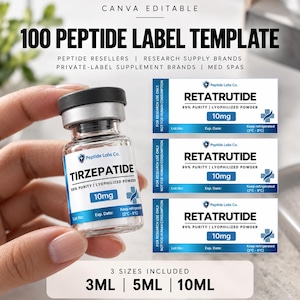 Może przedstawiać: Przezroczysta szklana fiolka z czarną zakrętką oraz biało-niebieską etykietą z napisem TIRZEPATIDE 10mg, obok trzech prostokątnych szablonów etykiet dla RETATRUTIDE 10mg. Tekst zawiera 100 PEPTIDE LABEL TEMPLATE oraz 3ML 5ML 10ML.
