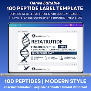 Può includere: Uno schermo digitale che mostra un modello di 100 etichette per peptidi modificabile su Canva. L'etichetta presenta un grafico a elica del DNA, il testo Peptide Labs Co., RETATRUTIDE, 10MG, 99% PURITY, LYOPHILIZED POWDER, RESEARCH USE ONLY e istruzioni.