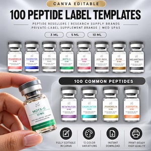 Peut inclure: Une collection numérique de 100 modèles d'étiquettes de peptides modifiables pour flacons de 3 ml, 5 ml et 10 ml. L'image présente divers flacons en verre avec des bouchons argentés, incluant des noms comme Tesamorelin, Tirzepatide et Mots-C.