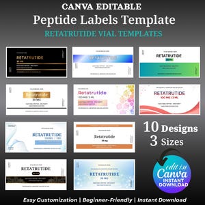 Anti-Peptid-Fläschchen-Etiketten-Vorlage, Benutzerdefinierte Anti-Peptid-Etiketten, Retatrutid-Fläschchen-Etikett, Canva-Vorlage, digitaler Download, 3 Größen, Anti-Peptid-Canva-Etikett