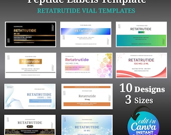 Peptide Vial Label Template, Custom Peptide Labels, Retatrutide Vial Label, Canva Template, Digital Download, 3 sizes, Peptide Canva Label