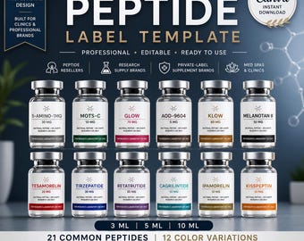 Peptide Label Template Canva Editable | Vial Sticker Printable | Peptide Retatrutide Label | Peptide Size 3ml 5ml 10ml | Instant Download