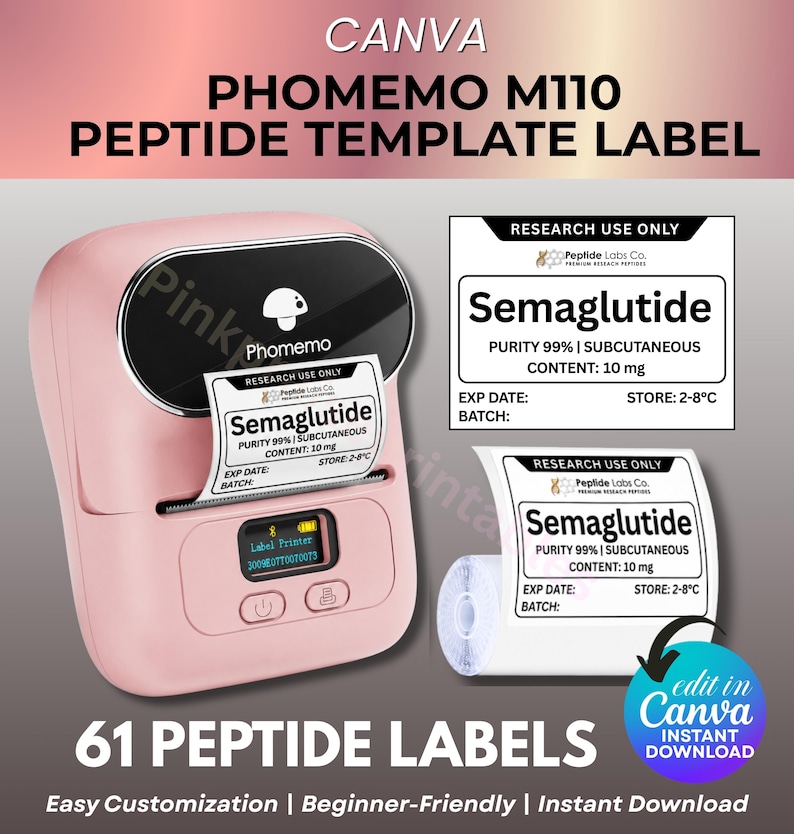 May include: A pink Phomemo M110 label printer with a white label that reads "Semaglutide". The label also includes the text "Purity 99% | Subcutaneous | Content: 10 mg". The image also includes the text "61 Peptide Labels".