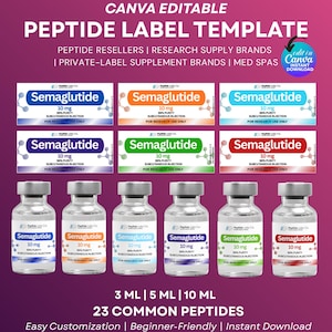 Pode incluir: Gráfico com um modelo de etiqueta de peptídeo com o texto "Semaglutide" e "10 mg". A imagem inclui frascos e rótulos em várias cores, com o texto "FOR RESEARCH USE ONLY". O modelo é editável no Canva.