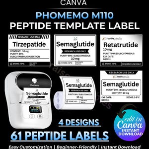 Op de afbeelding: Afbeelding met een labelprinter en diverse labelontwerpen voor peptiden, waaronder Tirzepatide, Semaglutide en Retatrutide. De labels tonen informatie zoals inhoud, zuiverheid en opslaginstructies. De afbeelding bevat ook de tekst "61 PEPTIDE LABELS".