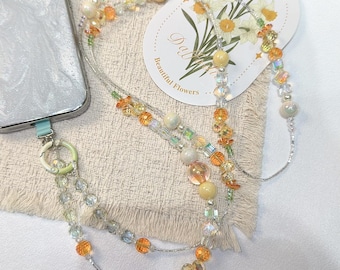 Colgante para móvil de cristal naranja y blanco, correa cruzada para móvil de 130 cm de largo, regalo único para ella.