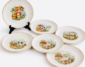 Rare Set of 6 Vintage French Moulin des Loups Orchies Plates – Hand Decorated Rustic Cheese & Farm Scenes – Mid Century Country Tableware