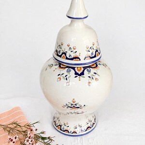 Large Vintage French Faience Jar with Lid – Rouen Style Ceramic Vase – Blue White Floral Decor – French Country Statement Piece