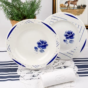 Peut inclure: Assiettes en céramique blanches avec un motif de rose bleue et une bordure bleue. Un essuie-mains blanc roulé avec un motif brodé est au premier plan. Un pot de plante et une peinture sont visibles en arrière-plan.