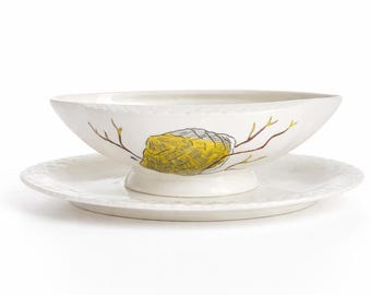 Vintage Gien France Hand-Painted Sauce Boat with Underplate – French Faience Gravy Boat – "Grands Crustacés" collection