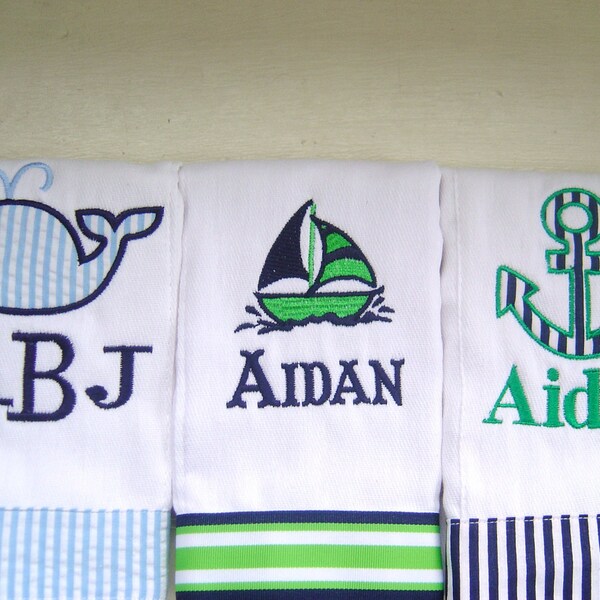 Baby Boy Monogrammed Burp Cloth Set with an Anchor, Sailboat & Whale