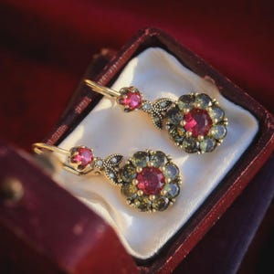Antique Victorian 14K Yellow Gold Plated Peridot  and Ruby Daisy Drop Earrings 925 Silver
