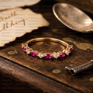 Ruby Marquise Half Eternity Band, Yellow Gold diamond Ring, Stackable Wedding Band for Her, Anniversary Gift, Unique Gemstone Ring