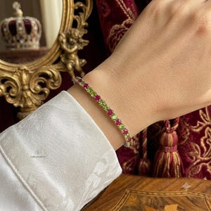 Bracciale tennis con peridoto e rubino, argento sterling 925, placcato oro 14 carati, gioiello con pietra portafortuna di agosto e luglio, regalo per lei.