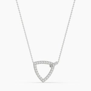 May include: A silver-toned necklace featuring a triangular pendant encrusted with small clear stones. The pendant is attached to a delicate chain, with a small rectangular accent piece also set with clear stones overlapping one corner of the triangle.