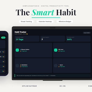 May include: A digital productivity tool, "The Smart Habit," displayed on a smartphone and laptop. The app tracks habits with features like streak tracking and milestone badges. The interface is dark with teal accents, showing progress and habit details.