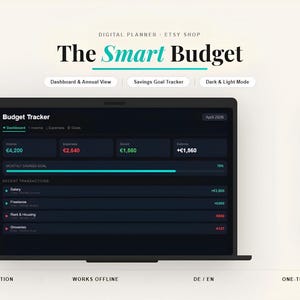 Könnte beinhalten: Ein digitaler Planer, der auf einem Laptop-Bildschirm angezeigt wird und eine Budget-Tracker-Oberfläche zeigt. Der Bildschirm zeigt Finanzdaten, einschließlich Einnahmen, Ausgaben und Ersparnisse. Der Text "The Smart Budget" steht oben.