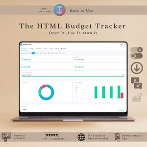 Könnte beinhalten: Ein Laptop mit einer Budget-Tracker-Oberfläche in Türkis und Weiß. Der Bildschirm zeigt Finanzdaten, Diagramme und Grafiken. Auf dem Bildschirm steht "The HTML Budget Tracker" und "Open It. Use It. Own It."