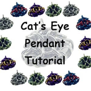 Puede incluir: Un tutorial para hacer un colgante de ojo de gato usando malla de cadena. La imagen muestra 12 colgantes diferentes en varios colores, incluyendo plata, oro, rojo, verde, morado y azul.