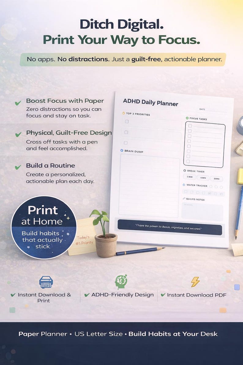ADHD Daily Planner Printable PDF | Focus Planner, Brain Dump, Habit ...