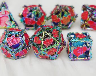Hollow Heart Metal Dice Set, Iridescent Rainbow Red DND Dice, Polyhedral D&D Dice for Dungeons and Dragons,  Valentines Gift for Gamer
