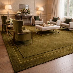 Puede incluir: Un elegante salón con una gran alfombra verde oliva con diseño de borde. La habitación incluye sillones, una mesa de centro y una lámpara de araña. Las paredes son de color neutro y el suelo es de madera.
