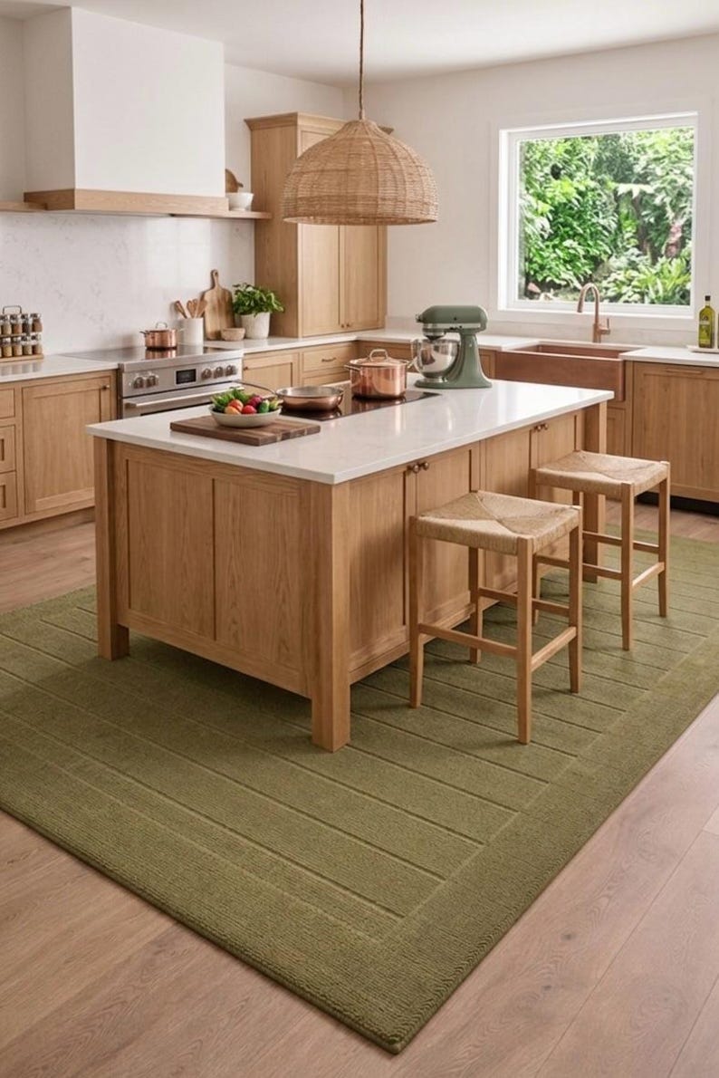 Puede incluir: Una isla de cocina con encimera blanca, armarios de madera clara y dos taburetes de madera con asientos trenzados. Una batidora verde, utensilios de cobre y un bol de verduras est&aacute;n sobre la isla. Una gran alfombra verde oliva cubre el suelo.