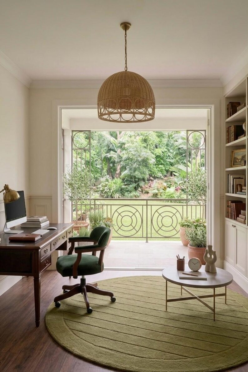 Puede incluir: Una oficina en casa con un escritorio de madera oscura con computadora, una silla giratoria tapizada en verde, una alfombra redonda verde oliva, una mesa de centro circular, una l&aacute;mpara colgante tejida y estanter&iacute;as integradas.