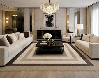 May include: An elegant living room with cream sofas, a black coffee table, and a patterned rug. A crystal chandelier hangs from the ceiling, lighting the space. The room is decorated in neutral tones with stylish furniture and a modern aesthetic.