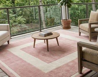 May include: A large rectangular area rug featuring a dusty rose pink centre and border separated by a wide cream-coloured rectangular frame. The rug is placed on a wooden deck, positioned beneath a round wooden coffee table and several chairs.