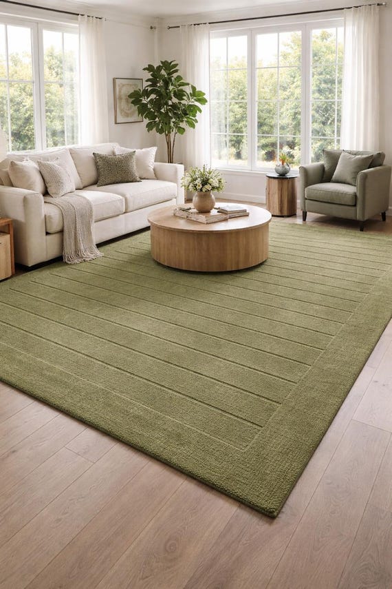 Sage Green Wool Rug, Hand Tufted Modern Area Rug, Luxury Living Room Rug, Minimalist Textured Rug, Custom Handmade Wool Carpet