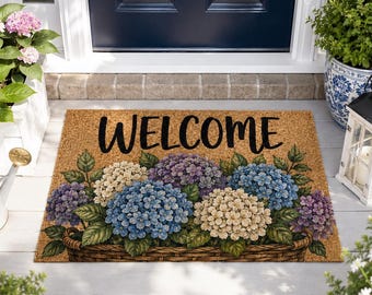 Zerbino di benvenuto con ortensie, zerbino floreale blu e viola, decorazione per veranda in stile cottage/giardino, zerbino per ingresso primavera/estate, regalo per l'inaugurazione della casa