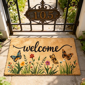 May include: A rectangular coir doormat with the word "welcome" in black script. The mat features a colorful floral and butterfly design. A metal gate with the number "105" is in the background.