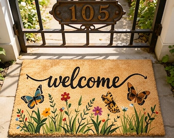 Alfombra de bienvenida con mariposas y flores silvestres, felpudo de fibra de coco con estampado floral primaveral, alfombra para el porche inspirada en la naturaleza, decoración de entrada de estilo rústico, regalo de inauguración de casa