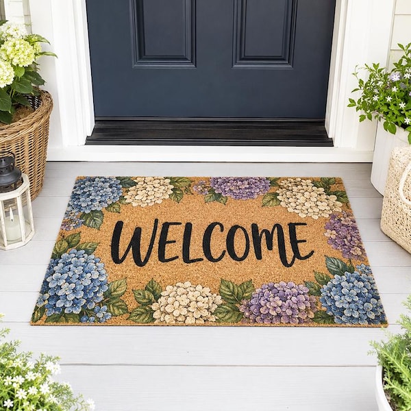 Hydrangea Welcome Doormat,Floral Mat,Blue Purple Flower Porch Decor,Spring Summer Front Door Mat,Garden Entry Mat