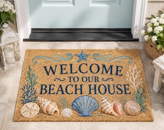 Felpudo de bienvenida para casa de playa, felpudo de conchas marinas costeras, felpudo para porche con temática oceánica, decoración náutica para la entrada, regalo de inauguración de casa de verano