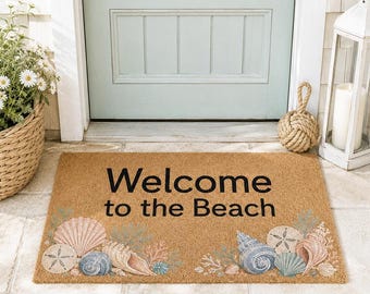 Beach Welcome Doormat,Coastal Seashell Welcome Mat,Seafoam Beach House Entryway Mat,Front Door Decor,Housewarming Gift