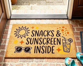 Felpudo con el mensaje "Snacks & Sunscreen Inside", felpudo divertido de bienvenida veraniego, decoración para la casa de la piscina, felpudo de entrada con temática de vacaciones tropicales, felpudo de porche con estilo playero y brillante.