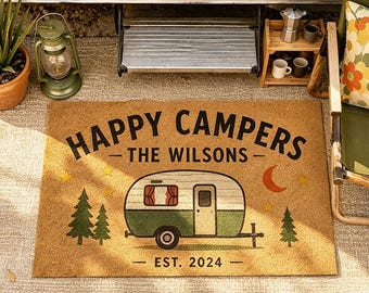 Spersonalizowana wycieraczka do kampera, mata powitalna Happy Camper, spersonalizowana mata wejściowa na gank kampera, prezent na parapetówkę, dekoracja przedpokoju