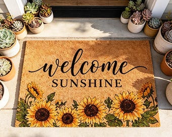 Zonnebloem Welcome Sunshine deurmat, welkomstmat zomerbloem, decor veranda met gele bloemen, housewarmingcadeau, entreemat voor buiten